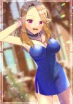  1girl :d arm_behind_head arm_up bare_arms bare_shoulders blue_dress blurry blurry_background breasts brown_hair cleavage commentary_request commission covered_navel depth_of_field dress final_fantasy final_fantasy_xiv forehead kou_hiyoyo large_breasts long_hair parted_bangs pointy_ears purple_eyes skeb_commission smile 