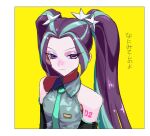  1girl aria_blaze arm_tattoo black_sleeves blue_hair ceitama_oppai cosplay detached_sleeves hair_ornament hatsune_miku hatsune_miku_(cosplay) my_little_pony my_little_pony:_equestria_girls my_little_pony:_friendship_is_magic necktie purple_eyes purple_hair star_(symbol) star_hair_ornament striped_hair tattoo twintails vocaloid 