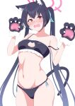  1girl absurdres animal_ear_fluff animal_ears animal_hands arms_up bikini black_bikini blue_archive cat_cutout cat_ear_bikini cat_ear_panties cat_ears cat_girl cat_lingerie cat_paws cat_tail clothing_cutout commentary embarrassed extra_ears halo highres kana_(wucz8478) long_hair looking_at_viewer loose_bikini meme_attire navel panties pink_halo red_eyes serika_(blue_archive) sidelocks simple_background solo swimsuit tail twintails underwear very_long_hair white_background 