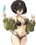  1girl avatar:_the_last_airbender avatar_legends bare_shoulders bikini black_bikini black_hair bomber_jacket breasts cowboy_shot emblem english_commentary green_jacket grey_eyes hair_between_eyes hairband hands_up highres holding_popsicle jacket long_sleeves medium_breasts navel off_shoulder rakeemspoon revision short_hair simple_background solo swimsuit toph_bei_fong underwear v-shaped_eyebrows white_background 