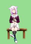  1girl ahoge animal_ears bench black_choker black_socks cat_ears cat_girl choker closed_eyes commentary_request cup fang full_body head_tilt highres holding holding_cup hololive kneehighs midriff navel nekomata_okayu nekomata_okayu_(3rd_costume) pink_hair sailor_collar sailor_shirt shirt shoes shorts skin_fang smile sneakers socks solo uraya_nagi virtual_youtuber white_shorts 