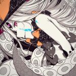  1girl abigail_williams_(fate) bare_shoulders black_background black_bow black_headwear bow fate/grand_order fate_(series) from_side hair_bow hat highres large_bow long_hair looking_at_viewer multiple_hair_bows orange_bow paint_splatter paint_splatter_on_face pink_eyes solo sui_(suisuisui_mi) tentacles third_eye 