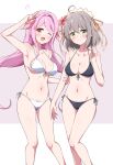  2girls :d absurdres arm_grab bare_arms bare_legs bikini black_bikini blush breasts cleavage closed_mouth collarbone eggman_(pixiv28975023) flower flower_knight_girl green_eyes grey_hair hair_flower hair_ornament hair_ribbon highres medium_breasts multiple_girls navel one_eye_closed open_mouth pink_eyes pink_hair ribbon sangobana_(flower_knight_girl) serruria_(flower_knight_girl) side-tie_bikini_bottom smile solo standing swimsuit thighhighs underboob v white_bikini 