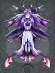  1girl barefoot black_horns blood blood_from_eyes bound bound_legs bound_wrists closed_eyes colored_skin cuts dairoku_ryouhei facing_viewer feathered_wings full_body grey_skin horns injury negura_hypno own_hands_together purple_eyes purple_hair sidelocks solo standing third_eye wings 