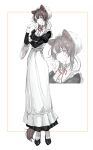  1girl :3 absurdres alternate_costume animal_ears apron arm_up black_dress black_footwear border brown_hair closed_mouth dog_ears dog_girl dog_tail dress facing_away flower flower_button frilled_hat frills full_body hair_flower hair_ornament hand_on_own_chin hand_on_own_face hand_up hat hatching_(texture) heterochromia high-waist_skirt highres inui_toko juliet_sleeves light_smile long_sleeves looking_at_viewer looking_to_the_side maid maid_apron medium_hair nijisanji ogura_tubuan puffy_sleeves red_eyes red_ribbon ribbon simple_background skirt socks solo tachi-e tail upper_body virtual_youtuber waist_apron white_apron white_background white_headwear white_socks wing_collar wrist_cuffs yes 