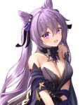  1girl :d bare_shoulders black_dress breasts choker cleavage commentary_request cone_hair_bun dealesis detached_sleeves dress genshin_impact hair_bun highres keqing_(genshin_impact) large_breasts long_hair looking_at_viewer open_mouth purple_eyes purple_hair short_sleeves simple_background smile solo strapless strapless_dress twintails upper_body very_long_hair white_background 