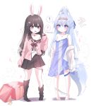  ! 2girls :o animal_ear_fluff animal_ears armpit_crease bare_shoulders black_footwear black_skirt blue_eyes blue_hair blue_nightgown blush breasts brown_eyes brown_hair cleavage cloud_hair_ornament collarbone commentary_request dot_nose flower fox_ears fox_girl fox_tail gift hair_between_eyes hair_flower hair_ornament hairclip highres honyang jewelry long_hair looking_at_another loose_socks miniskirt multiple_girls neck_ribbon nightgown no_panties off_shoulder open_box open_mouth original panties panties_around_ankles panty_pull pendant pink_shirt rainbow_hairband ribbon see-through see-through_sleeves shirt sidelocks simple_background skirt sleeves_past_fingers sleeves_past_wrists small_breasts socks sparkle spoken_exclamation_mark strap_slip tail thigh_strap translation_request underwear variant_set white_background white_panties white_shirt 