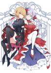  2girls black_dress black_gloves black_thighhighs blonde_hair breasts cleavage detached_sleeves dress evening_gown gloves gown green_eyes hair_ornament hair_over_one_eye heaven_burns_red highres interlocked_fingers izumi_yuki_(heaven_burns_red) k_i49 kayamori_ruka light_purple_hair long_hair multiple_girls red_eyes red_footwear red_gloves round_eyewear short_hair thighhighs white_thighhighs yuri 