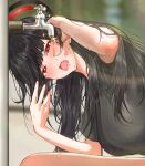  1girl absurdres black_hair black_shirt blue_archive blurry blurry_background blush breasts drinking faucet halo highres kuren_kren large_breasts outdoors red_eyes rio_(blue_archive) shirt short_sleeves solo sweat tongue tongue_out water_drop 
