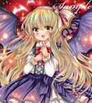 1girl :d bat_(animal) bat_wings blonde_hair blush bow bowtie brooch cowboy_shot cross-laced_clothes cross-laced_top embellished_costume finger_to_mouth frills hairband index_finger_raised jewelry kurumi_(touhou) long_hair long_sleeves looking_at_viewer marker_(medium) open_mouth own_hands_together purple_skirt red_bow red_bowtie rui_(sugar3) sample_watermark shirt skirt smile solo spread_wings touhou touhou_(pc-98) traditional_media very_long_hair watermark white_shirt wings yellow_eyes 