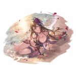  1girl beach bikini breasts brown_hair choker cleavage falling_petals flower full_body granblue_fantasy long_hair lying minaba_hideo official_art partially_submerged petals purple_bikini purple_eyes red_flower red_rose rose rose_queen rosetta_(granblue_fantasy) sand sandals swimsuit third-party_source thorns transparent_background water 