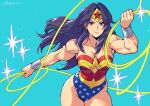  1girl bangs bare_shoulders black_hair blue_eyes bracelet breasts cleavage closed_mouth collarbone cowboy_shot dc_comics fighting_stance hand_up highres holding_lasso jewelry kotatsu_(g-rough) lasso lasso_of_truth lips long_hair looking_at_viewer medium_breasts muscular muscular_female parted_bangs revealing_clothes signature simple_background solo sparkle star_(symbol) star_print superhero thighs tiara wide_hips wonder_woman wonder_woman_(series) 