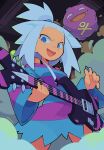  1girl absurdres bacun blue_eyes fang highres holding holding_instrument holding_plectrum instrument koffing long_sleeves looking_at_viewer medium_hair open_mouth plectrum pokemon pokemon_(creature) roxie_(pokemon) smile white_hair 