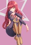  1girl absurdres armor blunt_bangs bodysuit closed_mouth clothing_cutout facial_mark fire_emblem fire_emblem_engage full_body highres long_hair looking_at_viewer orange_eyes pink_background red_hair revvie shoes simple_background sitting solo star_(symbol) yunaka_(fire_emblem) 