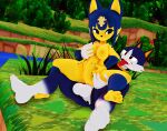  3d_(artwork) animal_crossing ankha_(animal_crossing) anthro balls blue_body blue_hair bottomless breasts clothed clothing digital_media_(artwork) domestic_cat duo felid feline felis female female_penetrated genitals hair male male/female male_penetrating male_penetrating_female malicekira mammal nintendo nipples penetration penile penile_penetration penis penis_in_pussy rover_(animal_crossing) sex tongue tongue_out vaginal vaginal_penetration yellow_body 