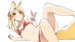  1girl animal_ear_fluff animal_ears ariyoshi_gen armpit_crease bare_shoulders bikini blonde_hair blush bracelet closed_mouth commentary_request convenient_leg feet_out_of_frame flat_chest foreshortening fox_ears fox_girl fox_shadow_puppet fox_tail front-tie_bikini_top front-tie_top halterneck hand_up highres jewelry knees_up looking_at_viewer lying medium_hair navel on_side original ponytail red_bikini short_eyebrows simple_background smile solo swimsuit tail white_background yellow_eyes yue-chan 