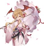  1girl blonde_hair blush breasts cherry_blossoms cowboy_shot fang flower gloves granblue_fantasy hair_flower hair_ornament hairclip hand_up head_wings highres holding holding_umbrella japanese_clothes kimono long_hair long_sleeves looking_at_viewer open_mouth parasol petals pink_gloves pink_kimono pointy_ears red_eyes sidelocks skin_fang small_breasts smile solo umbrella vampy wide_sleeves wings wuzhu_nis yukata 