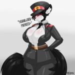  anthro big_breasts breasts canid canine canis clothed clothing fluffy fluffy_tail herm huge_breasts intersex mammal military military_uniform necktie okioppai open_clothing open_shirt open_topwear shadow_(shadow_wolfe5968) shirt simple_background solo tail text topwear uniform wolf 