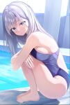  1girl barefoot blue_eyes commentary_request competition_school_swimsuit feet grey_hair highres long_hair looking_at_viewer nail_polish original pasdar pink_nails poolside school_swimsuit solo squatting swimsuit toenail_polish toenails toes 