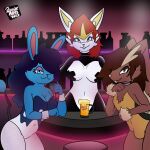  absurd_res alcohol alcoholic_drink anthro azumarill bar bedroom_eyes beverage bottle buckteeth bulge bunny_costume chris_(rhode_arts) cinderace clothing collar container costume dominant dominant_female female female/female generation_2_pokemon generation_4_pokemon generation_8_pokemon girly group hi_res lagomorph latex leporid looking_at_viewer lopunny lori_(rhode_arts) male male/female mammal narrowed_eyes nintendo pasties pokemon pokemon_(species) rabbit resting reverse_bunny_costume rhode_arts seductive teeth trio 