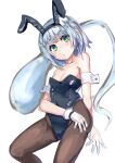  1girl absurdres alternate_costume bare_shoulders black_leotard black_pantyhose breasts closed_mouth collarbone feet_out_of_frame gloves green_eyes grey_hair head_tilt highres hitodama isemori konpaku_youmu konpaku_youmu_(ghost) leotard looking_at_viewer medium_breasts medium_hair pantyhose playboy_bunny simple_background solo touhou white_background white_gloves 