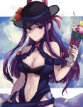  1girl bare_shoulders black_headwear breasts cleavage clothing_cutout cup dress dress_swimsuit drink fire_emblem fire_emblem_engage fire_emblem_heroes hat highres ivy_(fire_emblem) ivy_(summer)_(fire_emblem) large_breasts leon0630claude long_hair looking_at_viewer mole mole_under_mouth navel official_alternate_costume one-piece_swimsuit purple_eyes purple_hair solo stomach stomach_cutout swimsuit 
