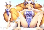  1girl absurdres arms_behind_head bare_legs barefoot blonde_hair blue_one-piece_swimsuit breasts cleavage collarbone fox_tail frilled_hat frills full_body hat highres large_breasts mob_cap multicolored_clothes multicolored_swimsuit multiple_tails multiple_views one-piece_swimsuit patterned_clothing short_hair sitting smile soles spread_legs standing swimsuit tail tarmo tassel touhou white_one-piece_swimsuit yakumo_ran yellow_eyes 