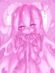  breasts colored_sclera colored_skin curss hair_between_eyes heart heart-shaped_pupils highres long_hair looking_at_viewer medium_breasts monster_girl original parted_lips pink_background pink_eyes pink_hair pink_sclera pink_skin slime_girl solo symbol-shaped_pupils 
