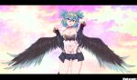  1girl akenoin_soumon artist_name black_feathers black_shorts black_wings blue_hair blush breasts choker claws cleavage commentary commission fate/grand_order fate_(series) feathered_wings feathers harpy heart heart_tattoo highres indie_virtual_youtuber letterboxed lincoro medium_breasts midriff monster_girl navel open_mouth pointy_ears pubic_tattoo red_eyes short_hair short_twintails shorts skeb_commission solo stomach_tattoo tattoo tiara twintails virtual_youtuber winged_arms wings 