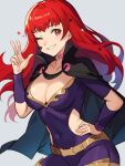  1girl belt black_bodysuit black_cape bodysuit breasts cape choker cleavage clothing_cutout collarbone commentary covered_navel english_commentary fire_emblem fire_emblem_engage floating_hair grey_background grin hair_ornament hand_on_own_hip high_collar highres kumaking long_hair medium_breasts one_eye_closed pink_choker red_eyes red_hair simple_background smile solo star_(symbol) star_hair_ornament teeth w yellow_belt yunaka_(fire_emblem) 