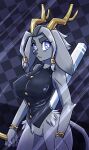  anthro antlers big_breasts black_clothing black_topwear blue_background blue_eyes bottomless bovid bracelet breasts caprine checkered_background clothed clothing featureless_crotch female floppy_ears fur gndthr323 goat grey_body grey_fur hi_res holding_object holding_weapon horn hybrid jackalope jewelry lagomorph leporid looking_at_viewer lop_ears mammal pattern_background pseudoregalia rabbit simple_background solo sybil_(pseudoregalia) thescornfulreptilian thick_thighs topwear weapon wide_hips 
