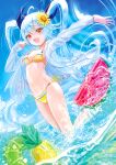  1girl :d bare_legs bikini blue_bow blue_hair blush bow breasts cleavage day floating_hair flower full_body groin hair_between_eyes hair_bow hair_flower hair_ornament hou_no_ka innertube jacket jumping long_hair long_sleeves navel open_clothes open_jacket open_mouth original outstretched_arm red_eyes see-through see-through_jacket side-tie_bikini_bottom sideboob small_breasts smile solo summer sunflower swimsuit twintails very_long_hair white_jacket yellow_bikini yellow_flower 