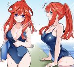 1girl alternate_costume alternate_hairstyle arm_support blue_eyes blue_one-piece_swimsuit breasts cleavage clothes_pull collarbone commentary_request go-toubun_no_hanayome hair_ornament highres holding large_breasts long_hair looking_at_viewer mame1645 multiple_views nakano_itsuki one-piece_swimsuit one-piece_swimsuit_pull partially_submerged ponytail pool red_hair school_swimsuit star_(symbol) star_hair_ornament swimsuit wet 