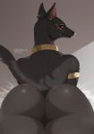  absurd_res ambiguous_gender anthro anubian_jackal black_body black_fur butt canid canine canis ear_piercing eyelashes fur gold_(metal) gold_jewelry hi_res jackal jewelry looking_at_viewer looking_back mammal nude piercing pupils rear_view sigma-d simple_background solo tail 