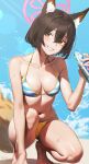  1girl absurdres animal_ear_fluff animal_ears bare_arms bare_legs bare_shoulders barefoot beach bikini blue_archive bottle breasts brown_hair day fox_ears fox_tail grin halo highres holding holding_bottle izuna_(blue_archive) izuna_(swimsuit)_(blue_archive) medium_breasts navel not_forever2w ocean outdoors pink_halo ramune short_hair smile solo striped striped_bikini swimsuit tail yellow_eyes 