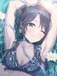  1girl absurdres armpits arms_up bikini black_hair blue_bikini blue_choker blue_eyes blush breasts choker cleavage closed_mouth collarbone floral_print flower frilled_bikini frills from_above highres idolmaster idolmaster_shiny_colors long_hair looking_at_viewer lying lying_on_water mitsumine_yuika momomoi_momoi official_alternate_costume official_alternate_hairstyle on_back one_eye_closed smile solo swimsuit twintails water wet 