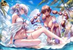  2girls absurdres bare_shoulders beach bikini blue_eyes blue_sky blurry blurry_background blush bracelet braid breasts brown_hair choker cleavage cloud cloudy_sky collarbone dark-skinned_female dark_skin day flower green_eyes grin hair_between_eyes hair_flower hair_ornament highres jewelry large_breasts long_hair looking_at_viewer low-tied_long_hair low_twintails mahjong_soul multiple_girls navel ocean official_art outdoors palm_leaf palm_tree parted_lips piromizu sara_(mahjong_soul) sarong sidelocks sitting sky smile sparkle sunlight swimsuit thighs tree twintails very_long_hair water wet yagi_yui yellow_eyes 