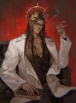  abstract_background absurdres artist_name brown_eyes brown_hair chromatic_aberration dated emperor_of_mankind ginias glasses gold halo_behind_head highres laurel_crown partially_unbuttoned smoke smoking unbuttoned unbuttoned_shirt warhammer_40k 