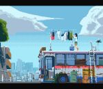  1girl animated animated_gif apo_(rairaru20001) black_hair blue_sky bus chair cityscape clothesline cloud day green_shorts ladder letterboxed motor_vehicle original outdoors pixel_art shirt short_sleeves shorts sky solo standing tree white_shirt 
