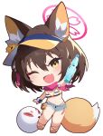  1girl :d animal_ear_fluff animal_ears arm_at_side arm_up ball beachball bikini blue_archive bottle brown_hair chibi commentary_request double-parted_bangs eyelashes fang flower fox_ears fox_girl fox_mask fox_tail grey_shorts hair_between_eyes halo happy hat hat_flower head_tilt highres holding holding_bottle izuna_(blue_archive) izuna_(swimsuit)_(blue_archive) looking_at_viewer mask medium_hair micro_shorts one_eye_closed open_mouth ramune red_scarf same_(samefgo) sandals scarf scrunchie shorts skin_fang smile solo spiked_hair standing striped striped_bikini striped_scrunchie swimsuit tail visor_cap wrist_scrunchie yellow_flower 