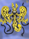  anthro echo_(rain_world) eco_(pyrite_hue) female glowing glowing_eyes golden_body hi_res humanoid particles pawpads paws pyrite_hue_(artist) rain_world saint_(rain_world) slugcat_(rain_world) solo tentacles wings 