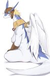  anthro blush breasts clothing crossgender dragon eyewear feathered_wings feathers featureless_breasts female fur hair handwear hi_res hufy926 legendz nude shiron simple_background solo white_background wings 