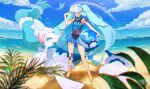  1girl absurdres atuhi beach blue_eyes blue_hair blue_sky cloud colored_eyelashes corphish dive_ball hatsune_miku highres long_hair ocean poke_ball pokemon pokemon_(creature) primarina project_voltage rainbow shellder sky starfish_hair_ornament swablu swimsuit twintails very_long_hair visor_cap vocaloid wailord water_miku_(project_voltage) 