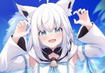  1girl :d ahoge animal_ears blue_eyes blue_sky blush braid cloud commentary_request day detached_sleeves fang fingernails fox_ears fox_girl highres hololive long_hair looking_at_viewer open_mouth shirakami_fubuki single_braid skin_fang sky smile solo suicabar72 upper_body virtual_youtuber white_hair white_sleeves 