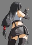  1girl artist_logo ass automatic_giraffe black_hair black_skirt black_thighhighs breasts crop_top error facing_away final_fantasy final_fantasy_vii final_fantasy_vii_remake fingerless_gloves from_behind gloves grey_background highres long_hair low-tied_long_hair miniskirt simple_background skirt solo suspender_skirt suspenders thighhighs tifa_lockhart very_long_hair 