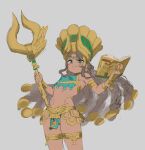  1girl aqua_eyes armlet ashurbanipal_(eiyuu_senki) atte_nanakusa book breasts brown_hair commentary_request concept_art cowboy_shot dark-skinned_female dark_skin eiyuu_senki eiyuu_senki_ww grey_background grin helmet holding holding_book holding_staff jewelry long_hair looking_at_viewer official_art revealing_clothes simple_background sketch small_breasts smile solo staff teeth thighlet 