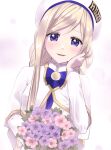  1girl alicia_florence aogirism aria aria_company_uniform beret blonde_hair blue_bow blue_bowtie blush bouquet bow bowtie braid braided_ponytail capelet commentary_request dress flower gold_trim hair_between_eyes hand_up hat highres holding holding_bouquet long_hair long_sleeves looking_at_viewer open_mouth parted_bangs pink_background purple_eyes sidelocks solo upper_body very_long_hair white_capelet white_dress white_headwear 