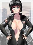  1girl benten_(urusei_yatsura) black_bodysuit bodysuit breasts center_opening cleavage closed_mouth eyewear_on_head goggles goggles_on_head green_eyes hand_on_own_hip hands_on_own_hips highres jacket kenken28937178 large_breasts long_sleeves looking_at_viewer no_bra open_clothes open_jacket short_hair signature skin_tight smile solo standing unzipped upper_body urusei_yatsura zipper 