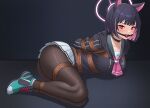 1girl animal_ears ball_gag black_choker black_hair black_hoodie blue_archive blush bound breasts cat_ears choker colored_inner_hair commission drooling gag gagged halo highres hood hoodie kazusa_(blue_archive) large_breasts lying memmemme multicolored_hair on_side pantyhose pink_hair pixiv_commission pleated_skirt red_eyes restrained rope sailor_collar skirt 