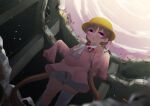  1girl backlighting blurry blurry_background blush commentary_request covered_nipples detached_sleeves dress feet_out_of_frame hat highres light_brown_hair long_hair long_sleeves looking_at_viewer low_twintails ne_an_ito parted_lips pink_dress pink_eyes pink_sleeves school_hat sleeves_past_fingers sleeves_past_wrists solo standing thick_thighs thighs tsukuyomi_ai twintails very_long_hair voiceroid 